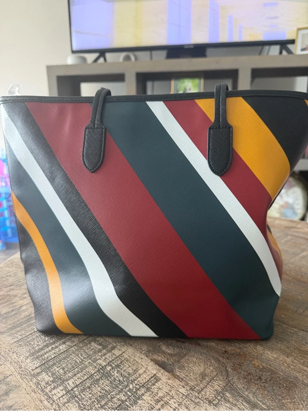 Harrods Multicolor Diagonal Stripe Tote - Red, Black, White & Mustard